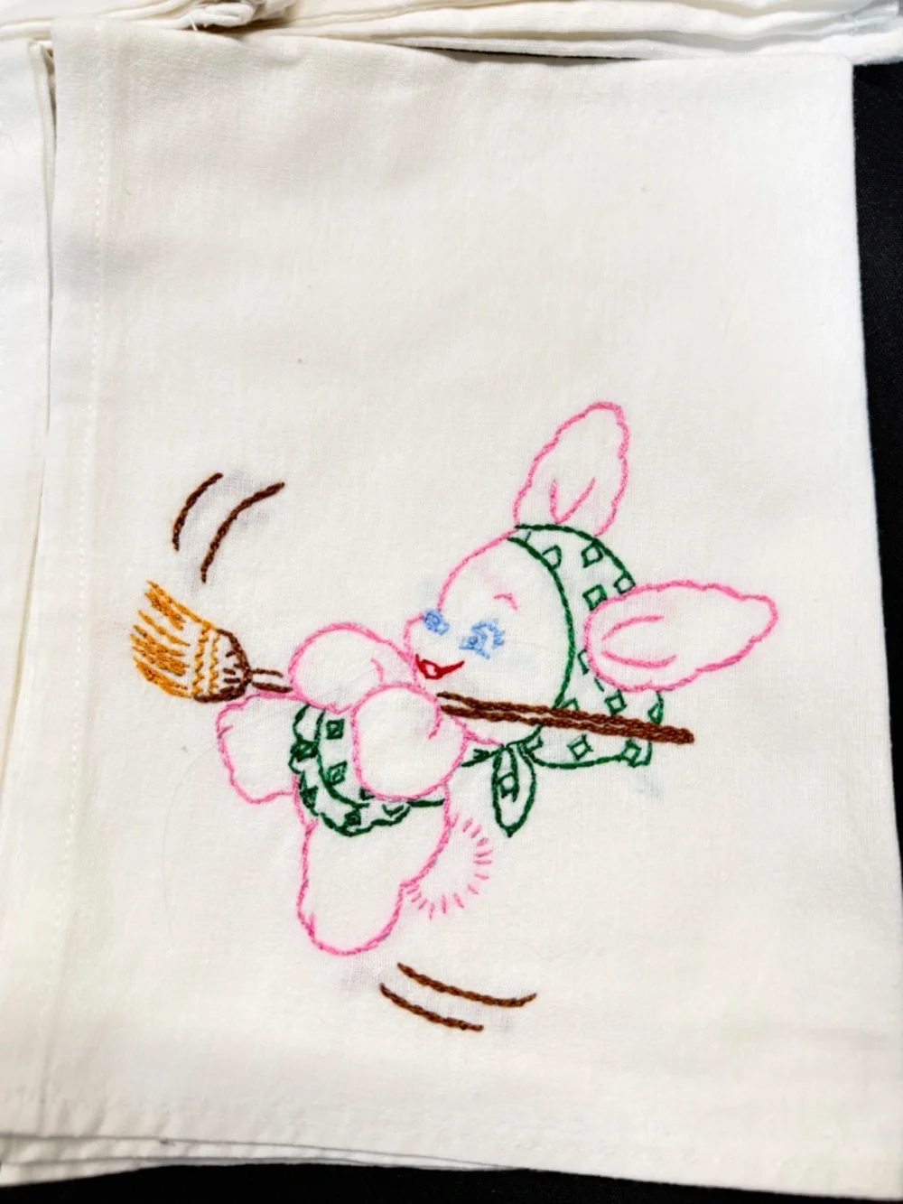Vintage Hand Embroidered Flour Sack Towels. Playful Anthropomorphic Bunny Design